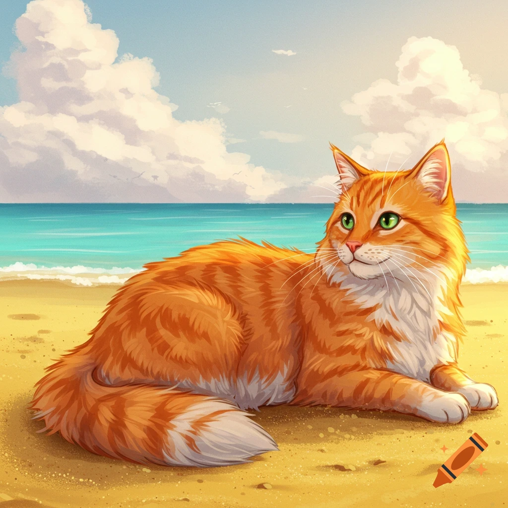 An orange cat with green eyes lies on a sandy beach near the ocean.