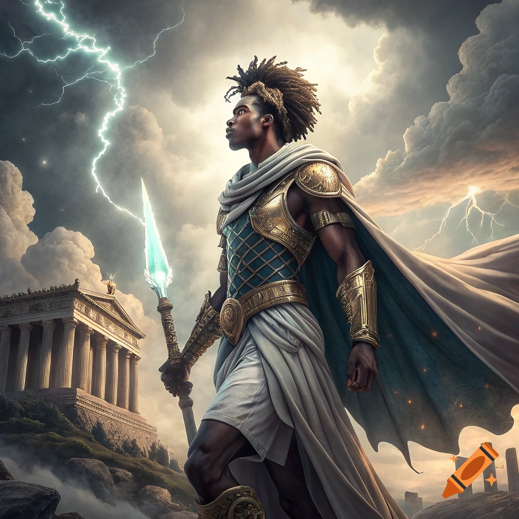 Fantasy portrait of a man as a Greek god holding a glowing spear with lightning and a temple in the background.