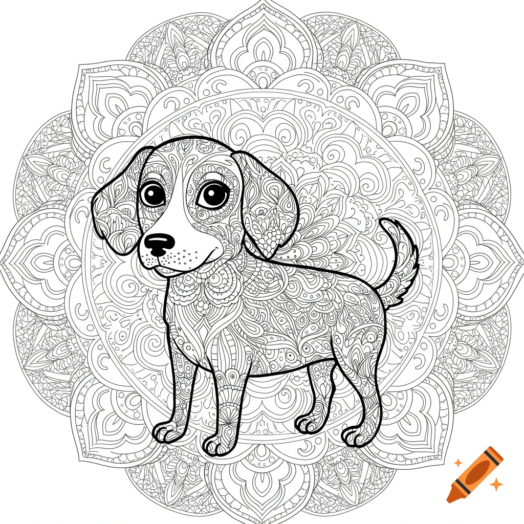 Line art of a cute dog standing in the center of an intricate mandala pattern, suitable for coloring.