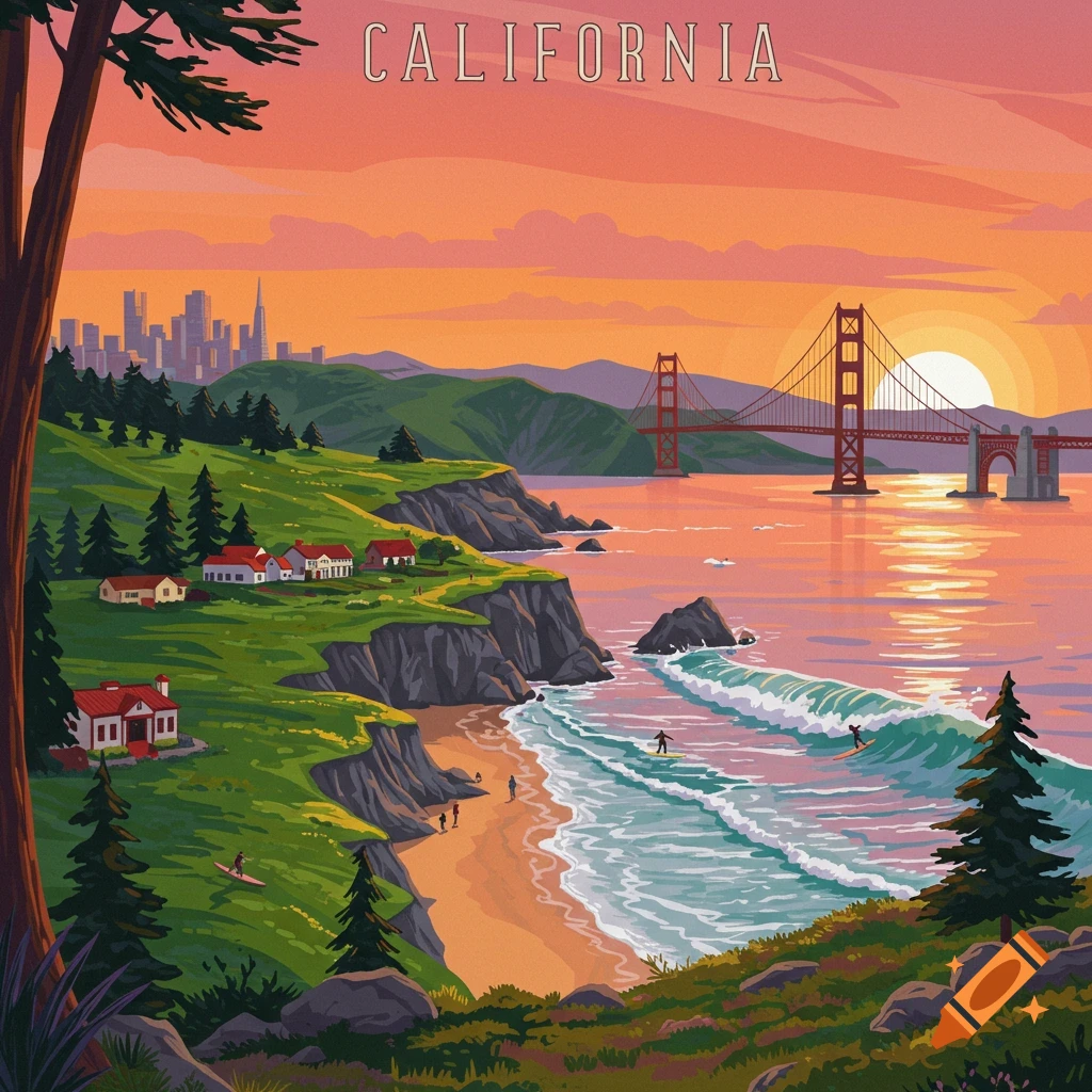 Stylized illustration of a California coast scene with the Golden Gate Bridge, city skyline, beach, surfers, and sunset.