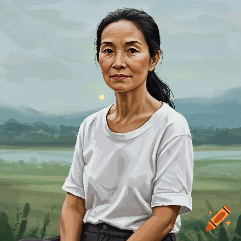 Stylized portrait of a woman in a white t-shirt sitting in a landscape with mountains and a lake.