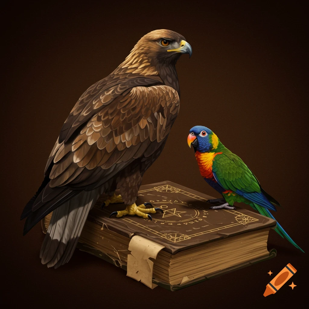An eagle and a colorful parrot sit on an old book with a star symbol on its cover.