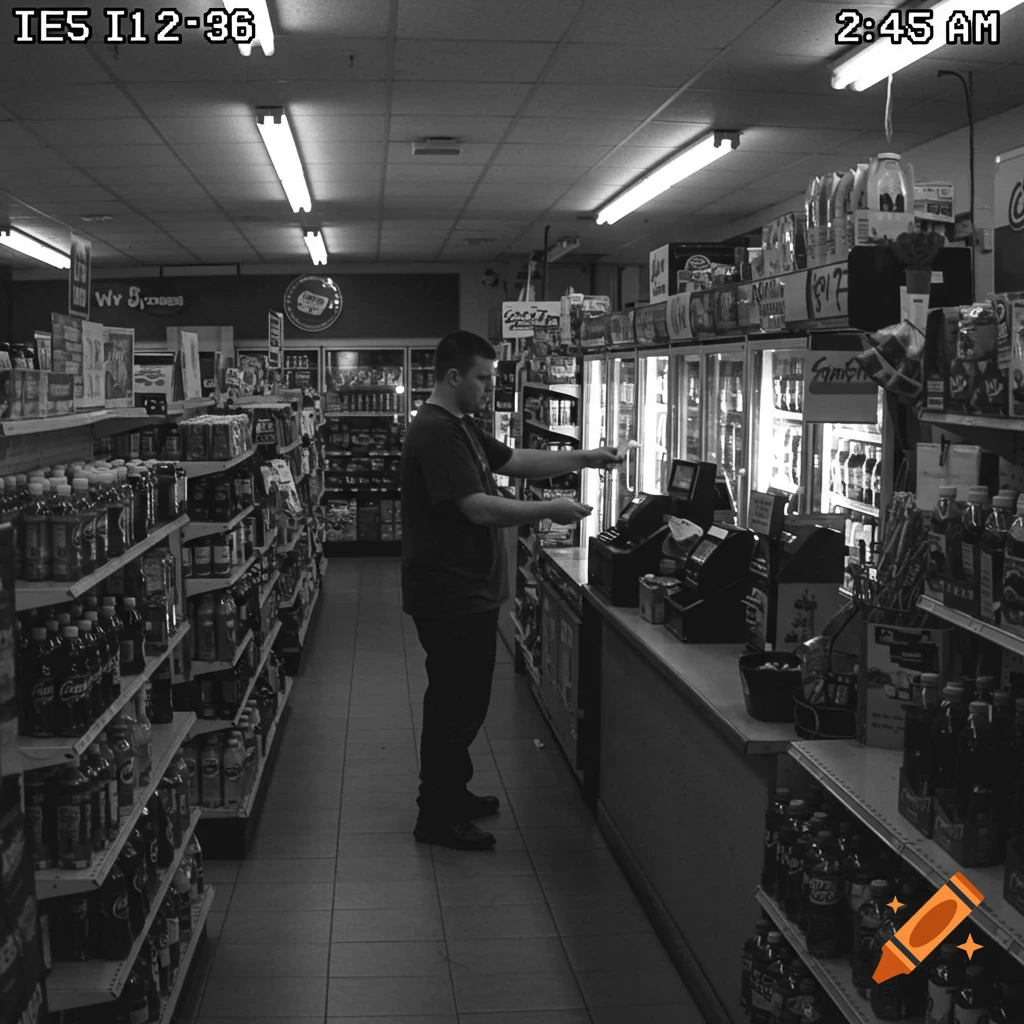 Black and white CCTV footage of a man standing at the counter in a convenience store.