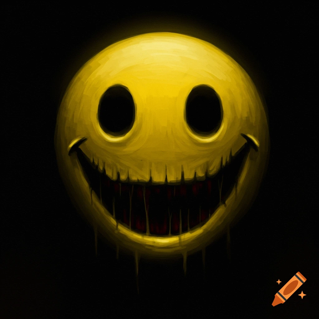 A creepy yellow smiley face with sharp teeth and dripping fluid on a black background.
