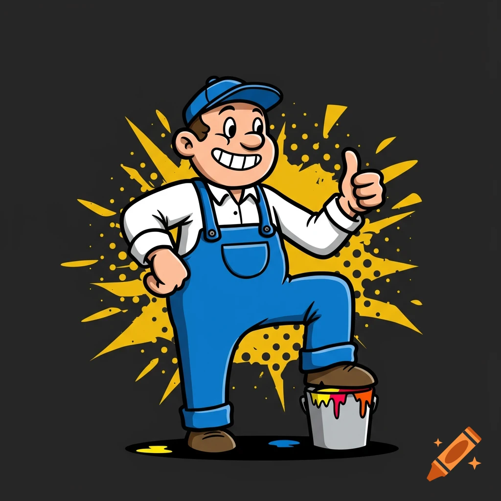 Cartoon illustration of a man in overalls standing on a paint bucket giving a thumbs up.