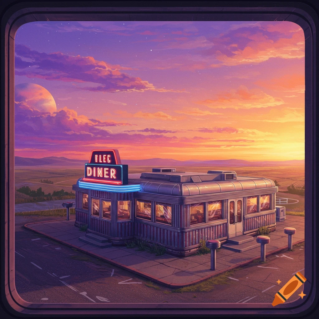 Stylized illustration of a retro diner at sunset viewed through a frame.