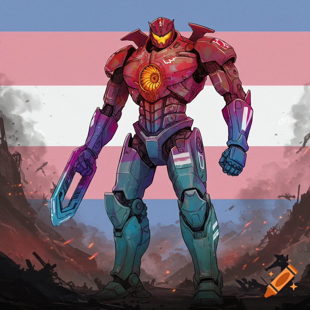 An illustration of a Pacific Rim Jaeger mech colored with the pink, white, and blue Transgender flag, standing in a ruined landscape.