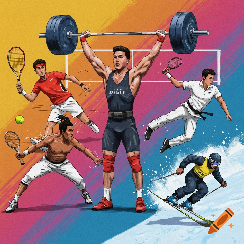Colorful illustration of multiple athletes participating in weightlifting, tennis, martial arts, and skiing.