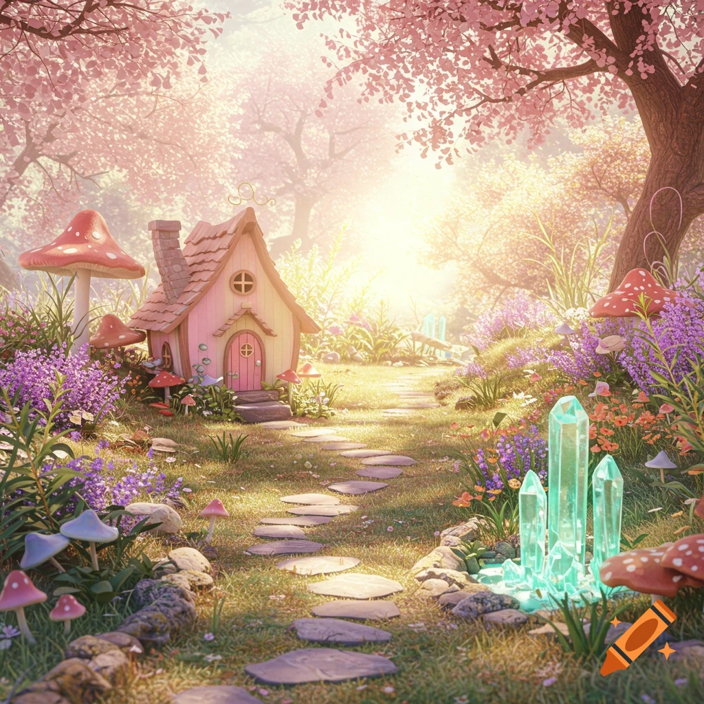 Whimsical fairy garden with a small cottage, large mushrooms, glowing crystals, and colorful flowers.