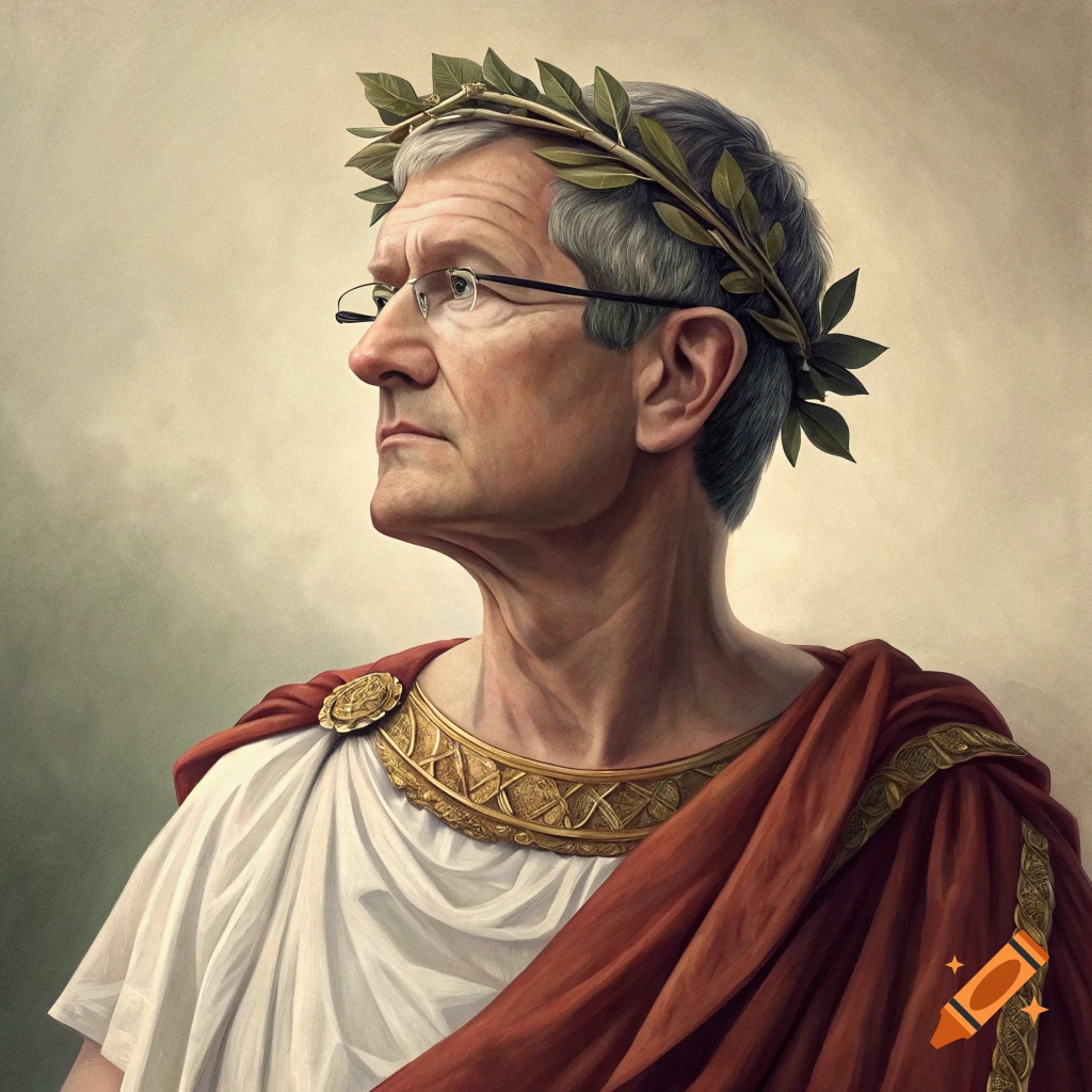 Portrait of Tim Cook depicted as Julius Caesar wearing a toga and laurel wreath.