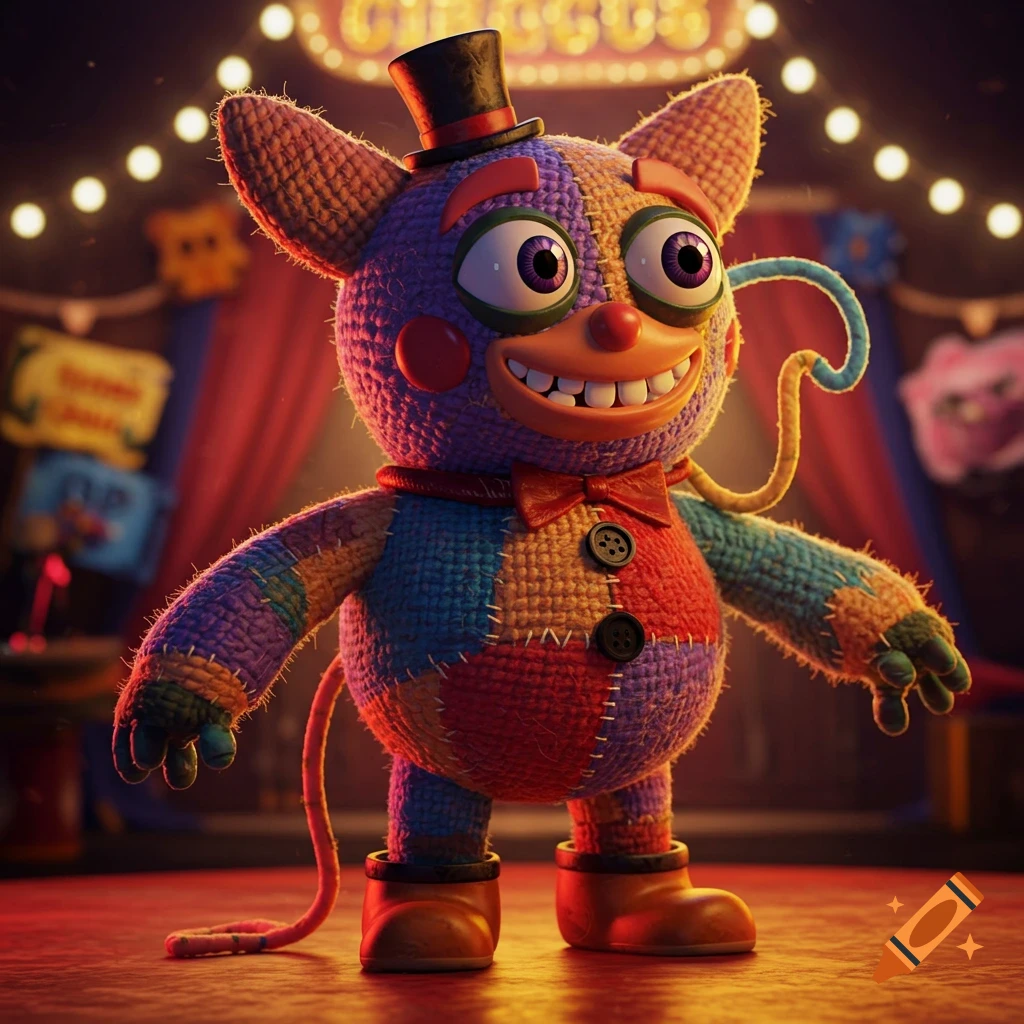 A colorful patchwork creature with big eyes, a wide grin, and a top hat stands in a circus tent.
