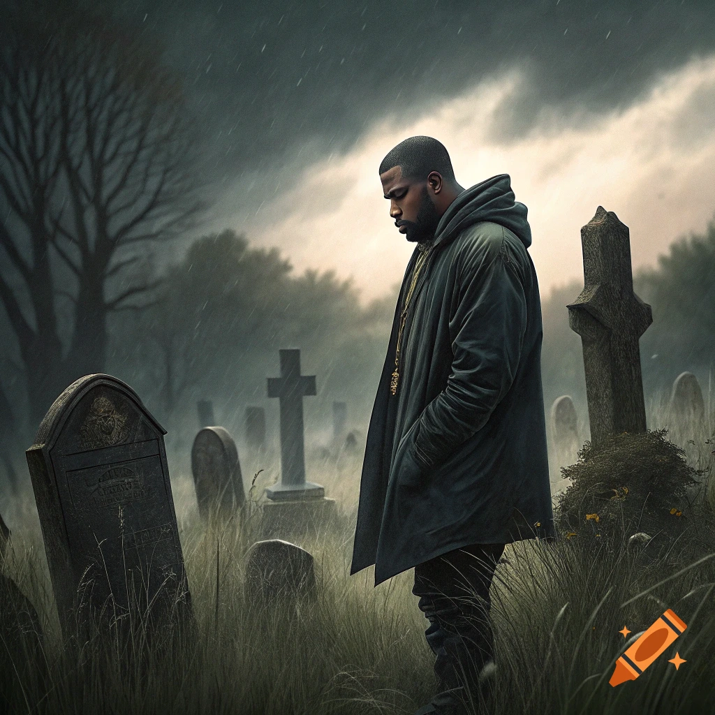 A person in a dark coat looks down while standing in a rainy graveyard under a stormy sky.