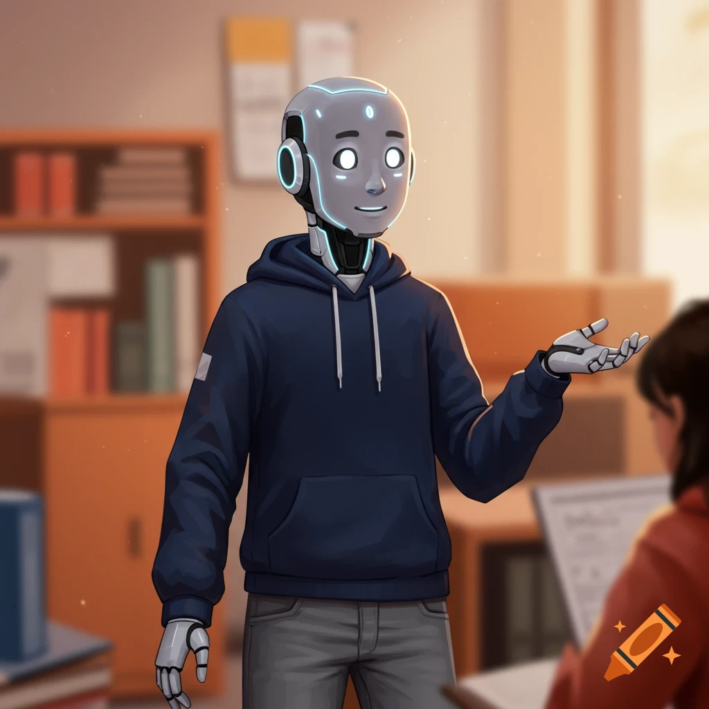 A robot tutor in a hoodie speaks to a student in a classroom setting, digital illustration style.