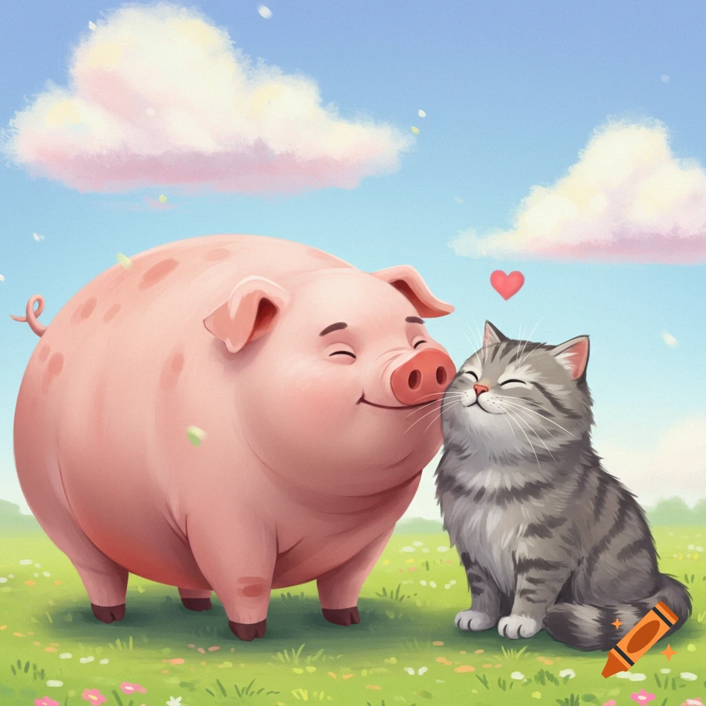 Cartoon illustration of a pig nuzzling a cat in a field.