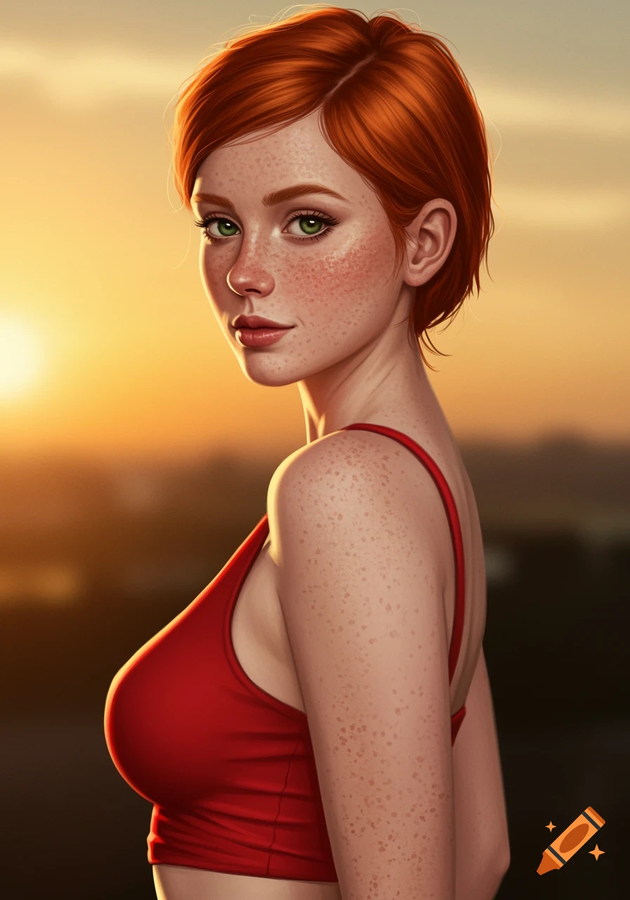 Photorealistic portrait of a redhead woman with freckles against a sunset background.