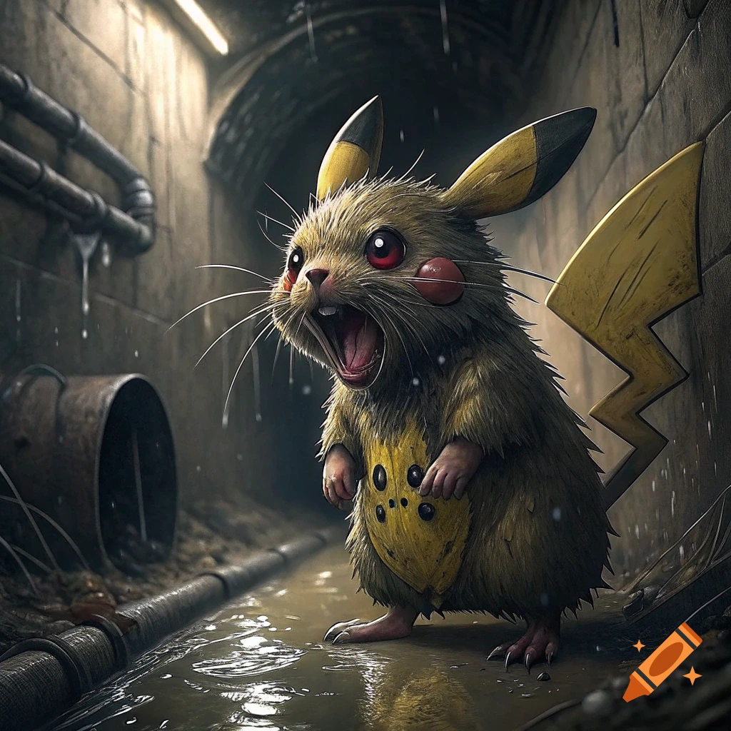 A wet, rat-like creature with Pikachu features stands in a dark, wet sewer with its mouth open.