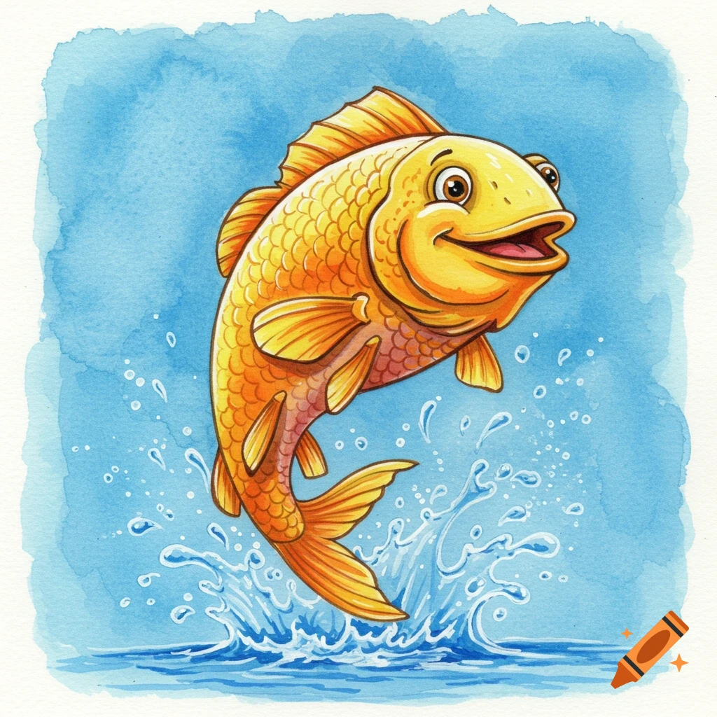 A happy golden fish jumps out of the water in a watercolor illustration.