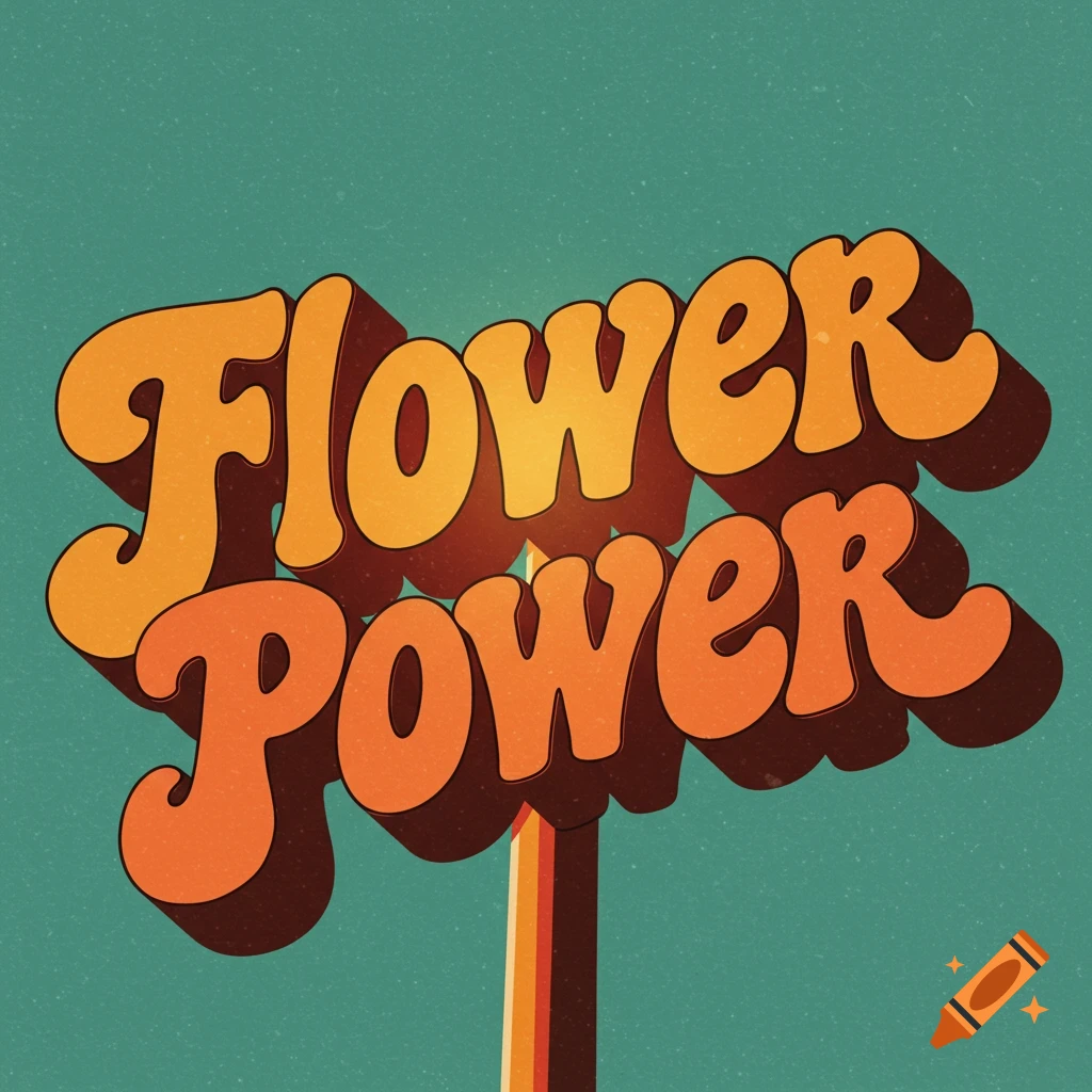 Retro sign with orange and yellow text 'Flower Power' on teal background.