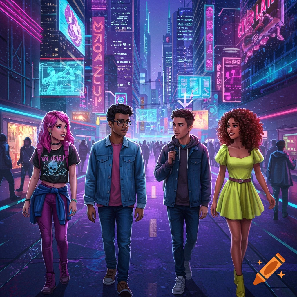 Four young people walk down a street in a neon-lit futuristic city.