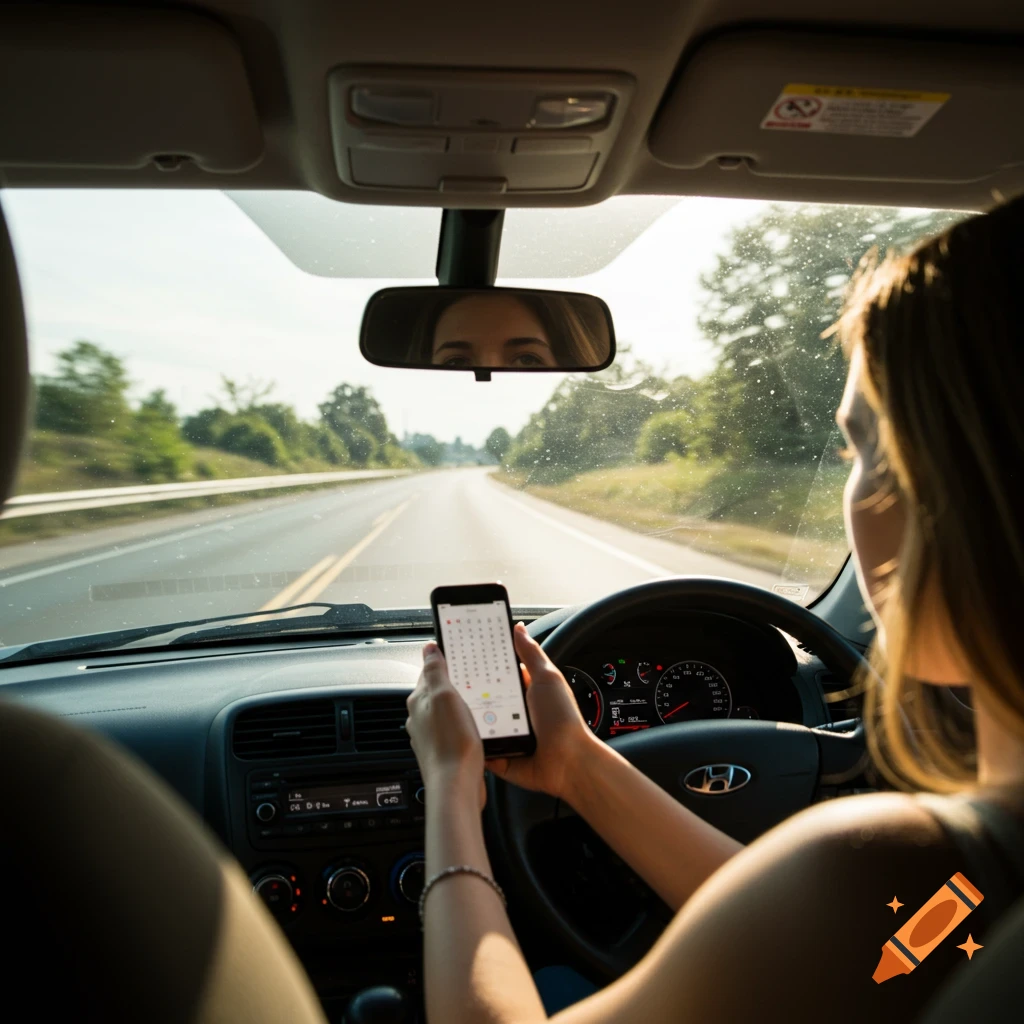 A person holds a phone with a calendar while driving a car.