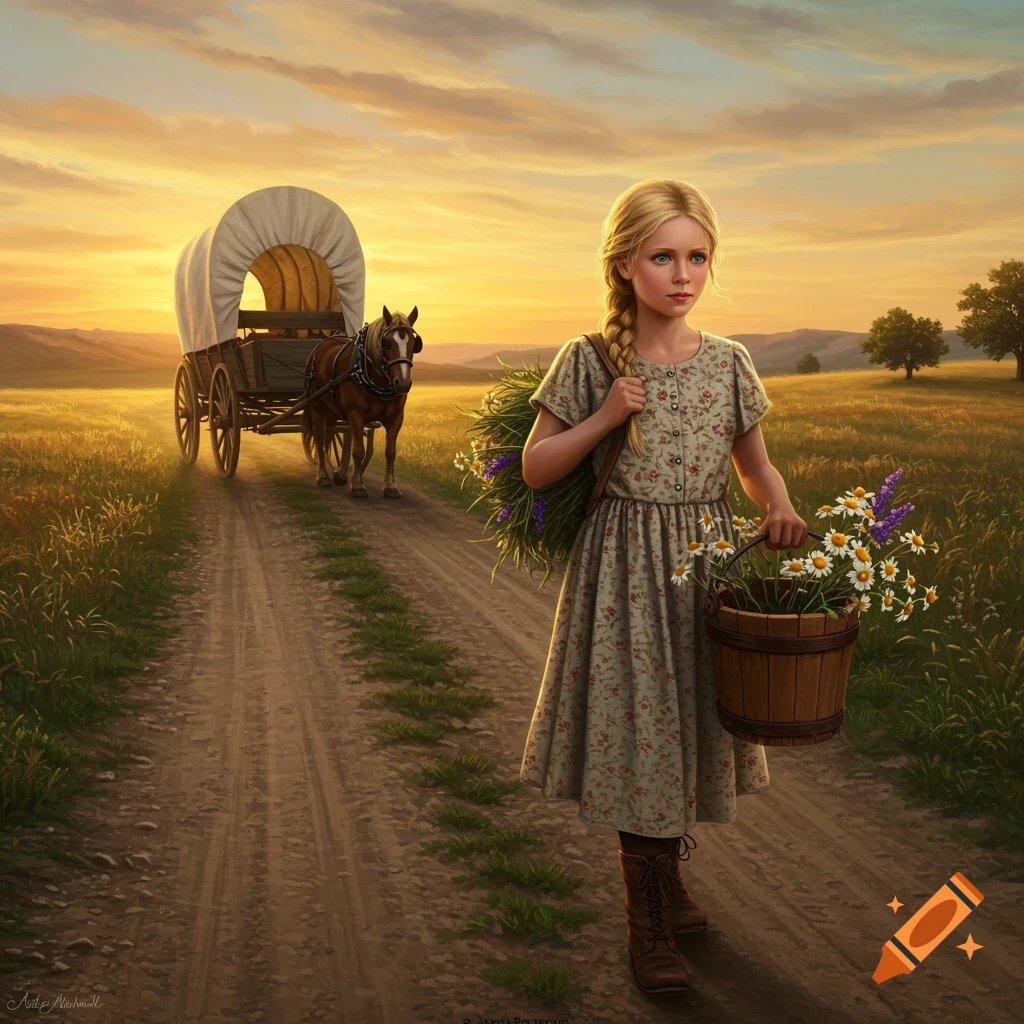A girl with flowers walks toward a covered wagon pulled by a horse on a dirt road at sunset.