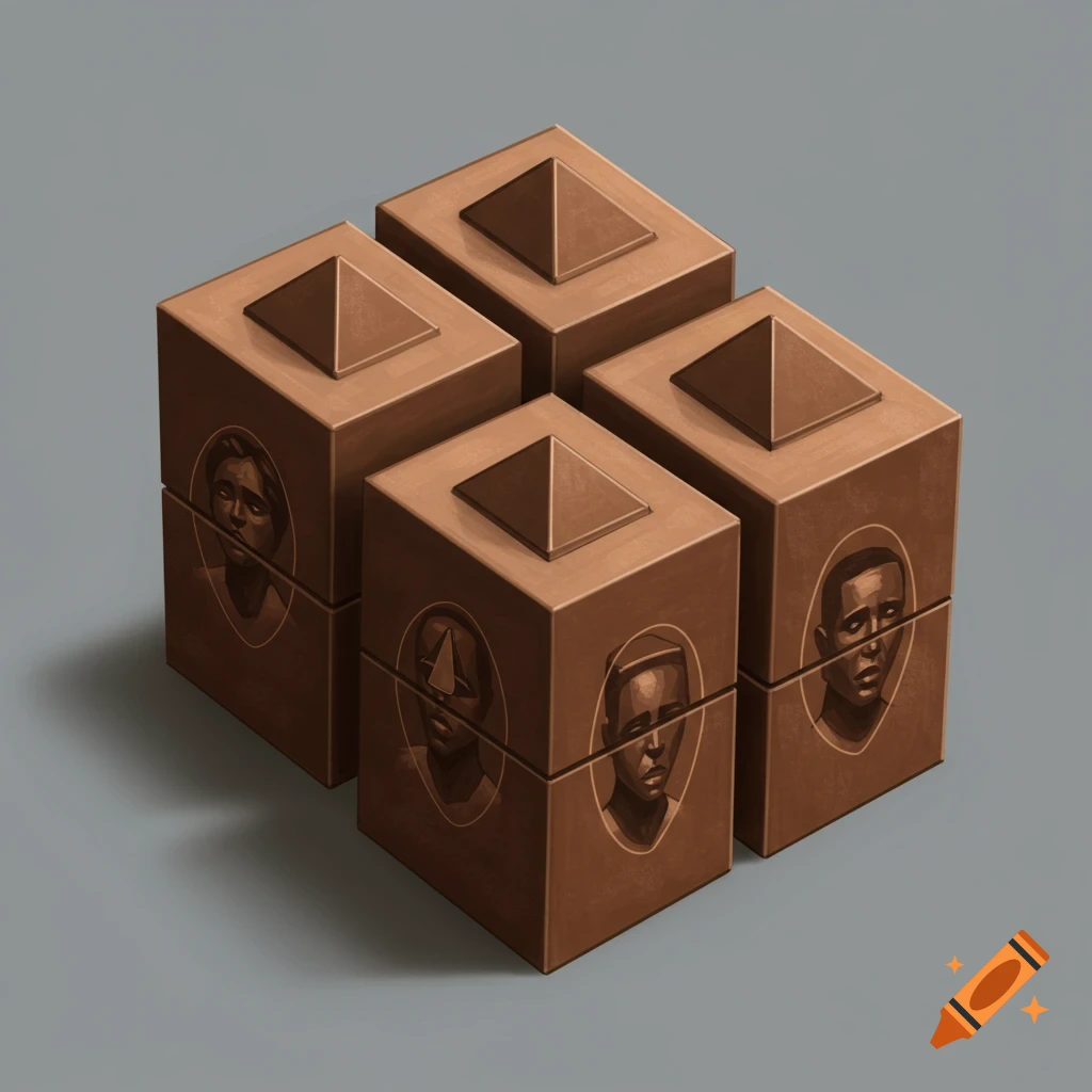 Four brown cubes with pyramid tops and carved faces in a grid