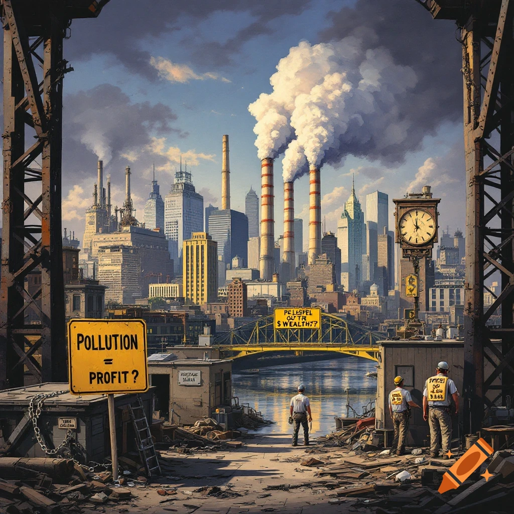 Bleak industrial city with factories, skyscrapers, river, and workers. Signs read 'Pollution=Profit?'. Urban decay style.