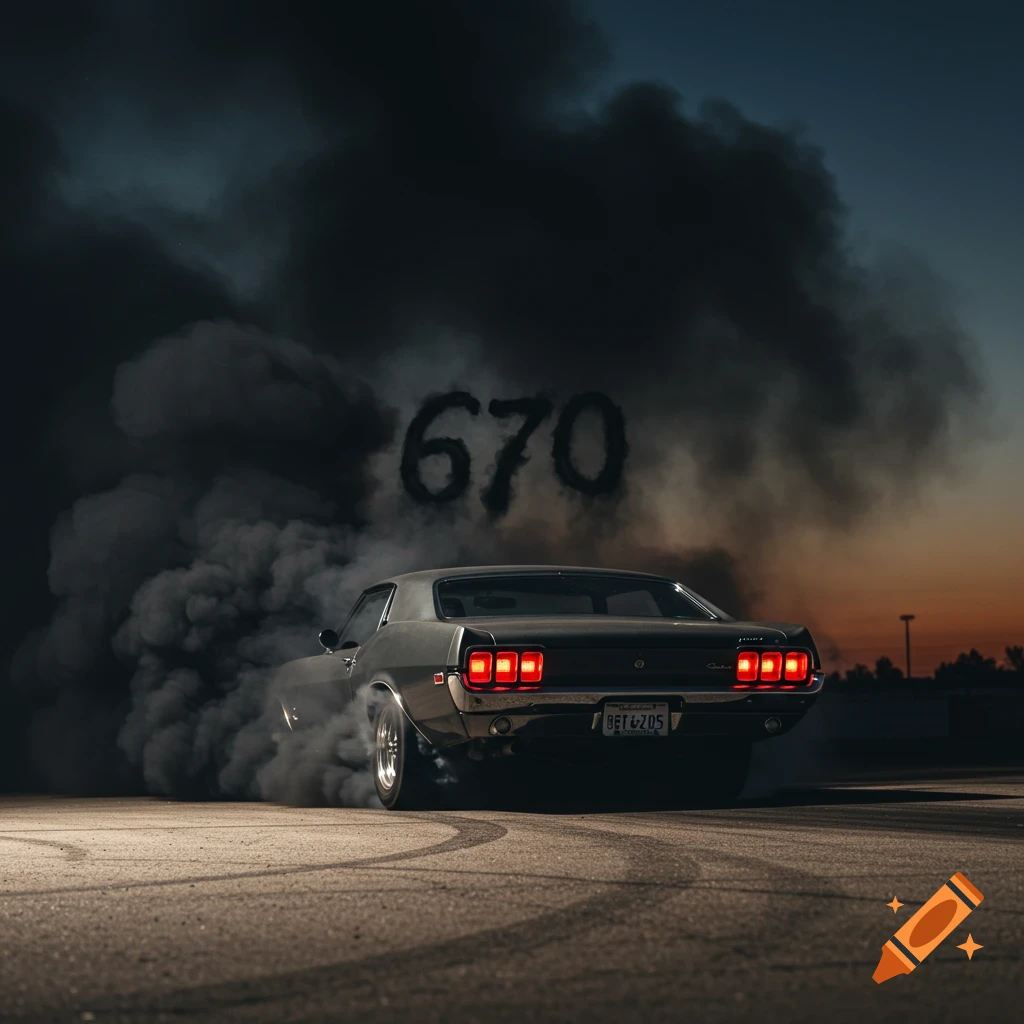 Classic muscle car doing a burnout, smoke forms the number 670 in the air.