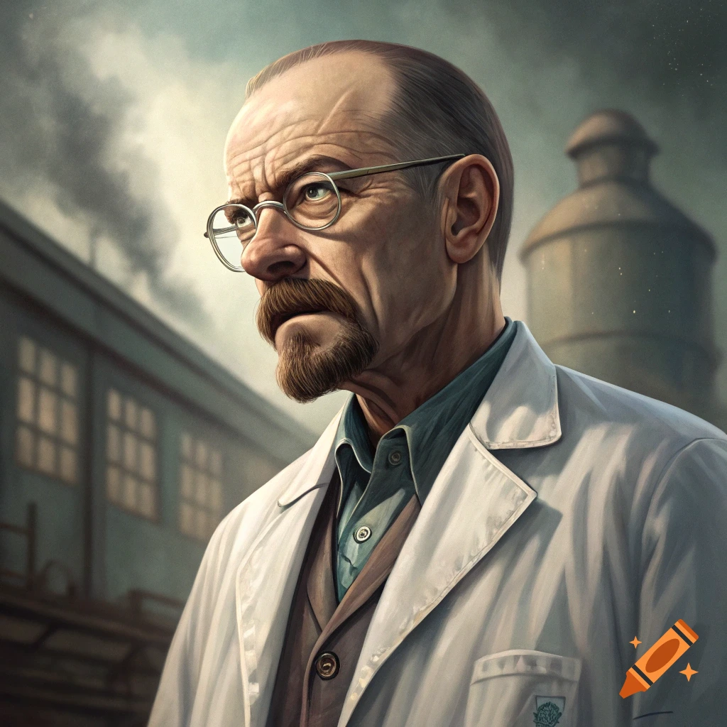 Stylized portrait of a man resembling Walter White in a lab coat against an industrial background.