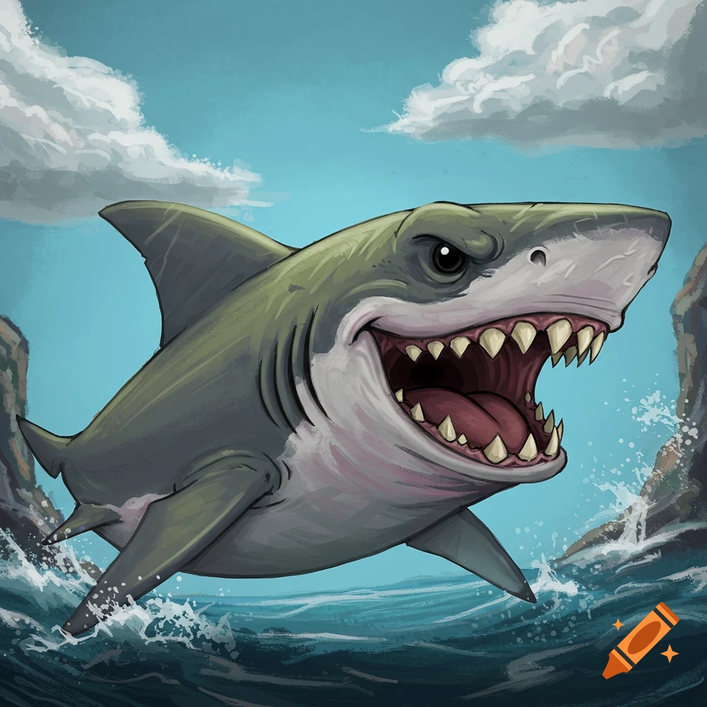 Cartoon shark jumping out of water near rocks