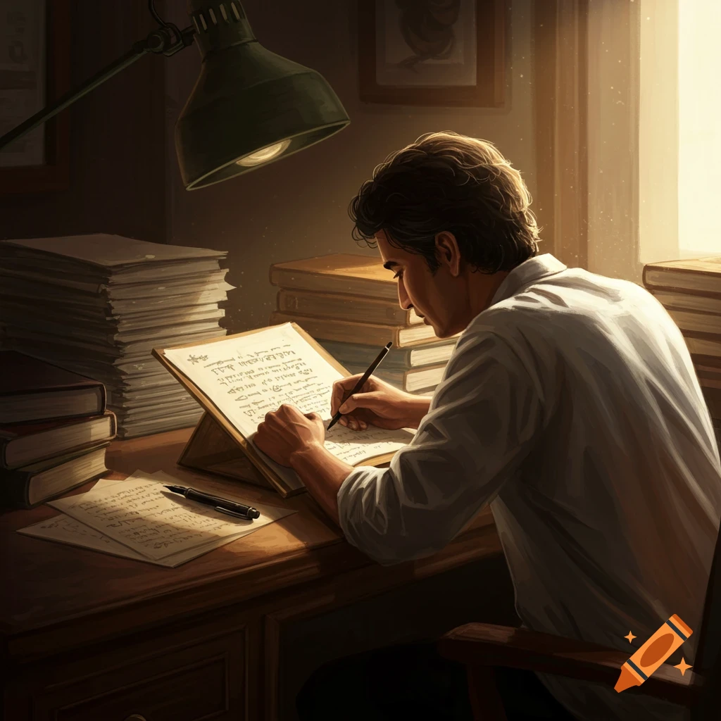 A person writes at a wooden desk, illuminated by a green lamp, surrounded by papers and books.
