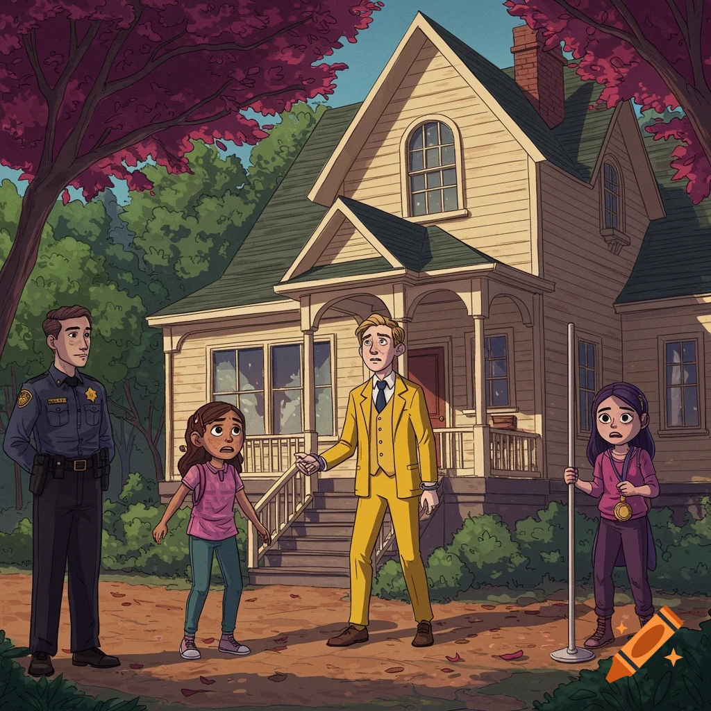 Illustration of a police officer, a man in a yellow suit, and two girls standing outside a large house.