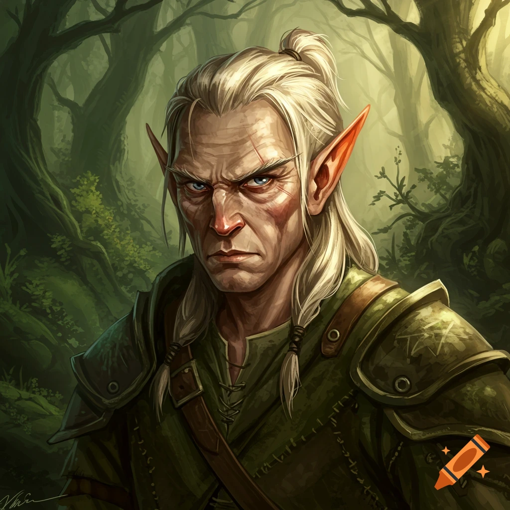 Portrait of an older male elf with blond hair and pointed ears scowling in a forest.