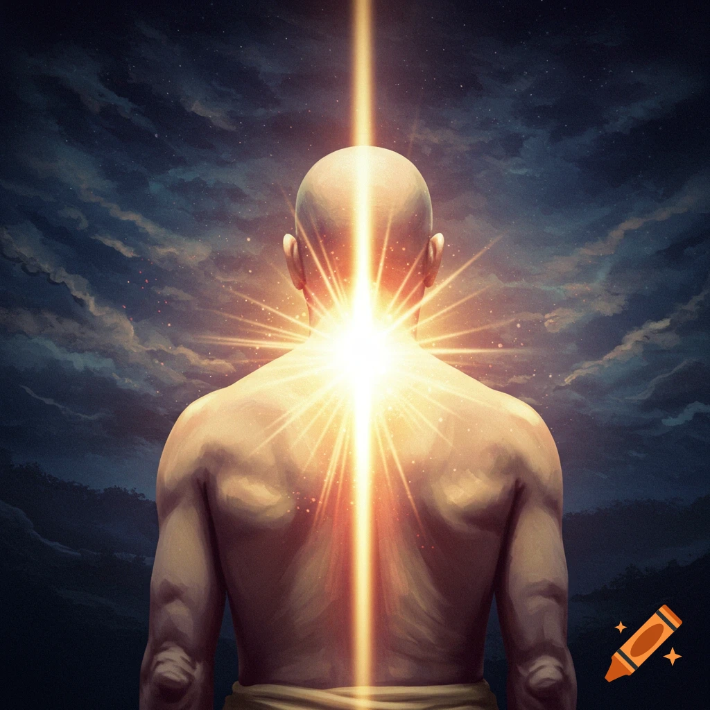 A bald man is seen from behind, with bright light shining upwards from his neck into a starry sky.