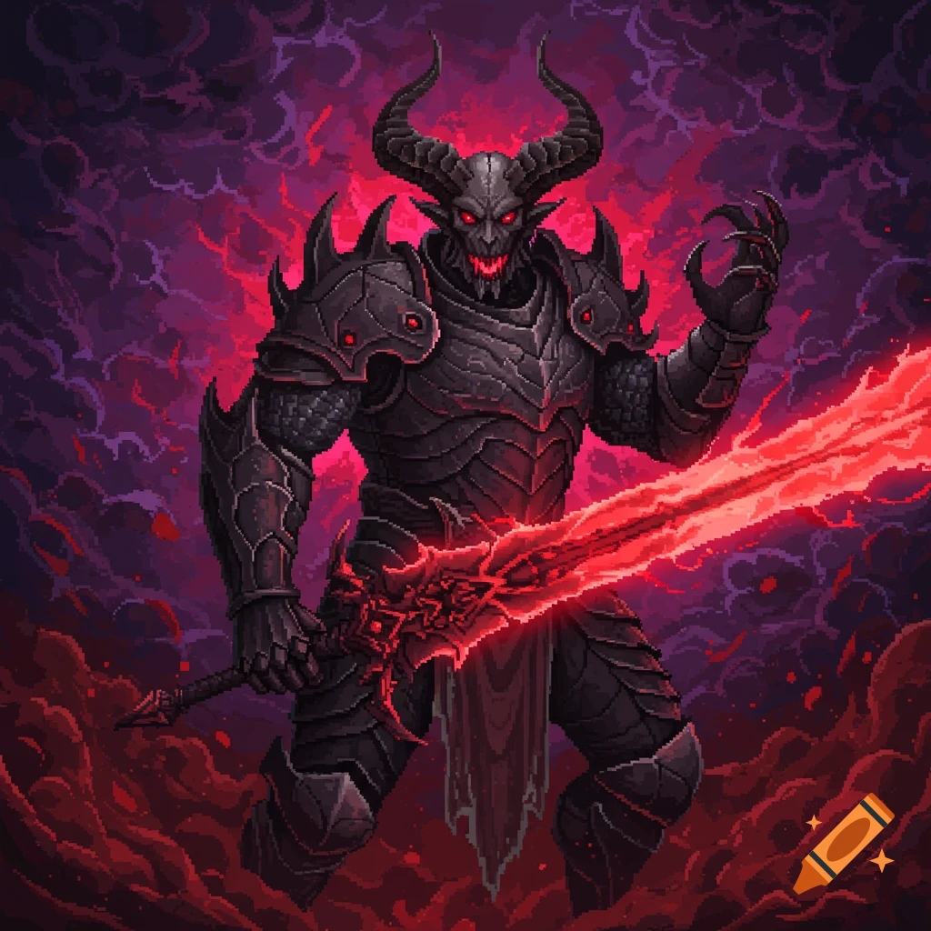 Pixel art fantasy illustration of a horned demon in dark armor wielding a glowing red sword.