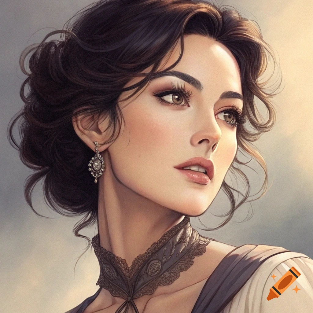 Illustration of a woman with brown hair and elaborate collar and earring, looking upwards.