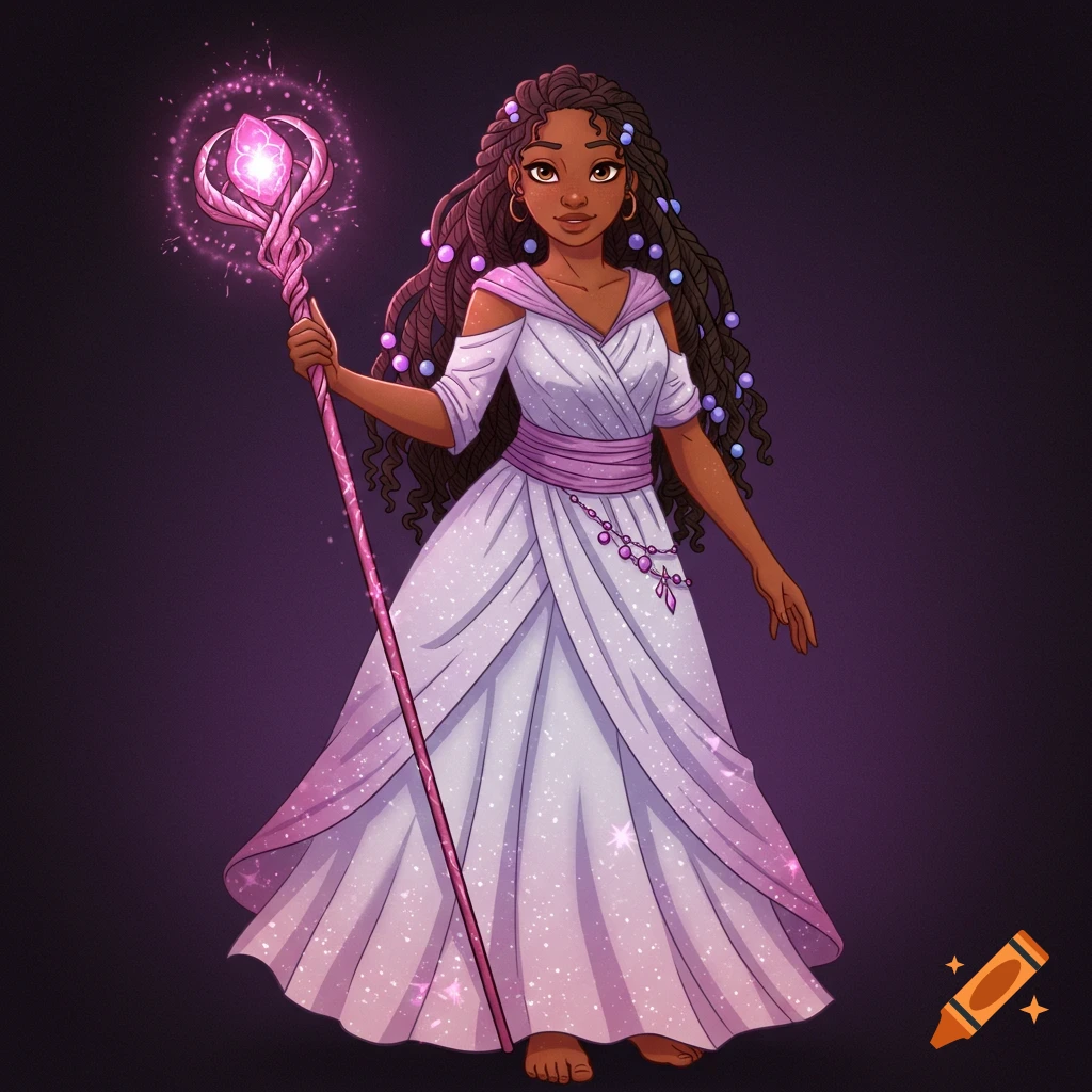 Illustration of a fantasy character with braided hair, wearing a purple and white dress, holding a glowing staff.
