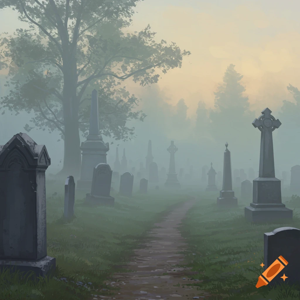 A foggy landscape showing a cemetery with numerous gravestones and a large tree.