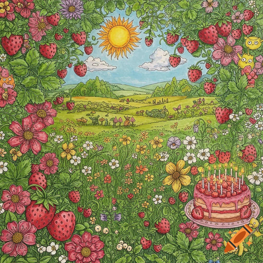 Detailed coloring book illustration of a field with flowers, strawberries, small creatures, and a birthday cake under a sunny sky.