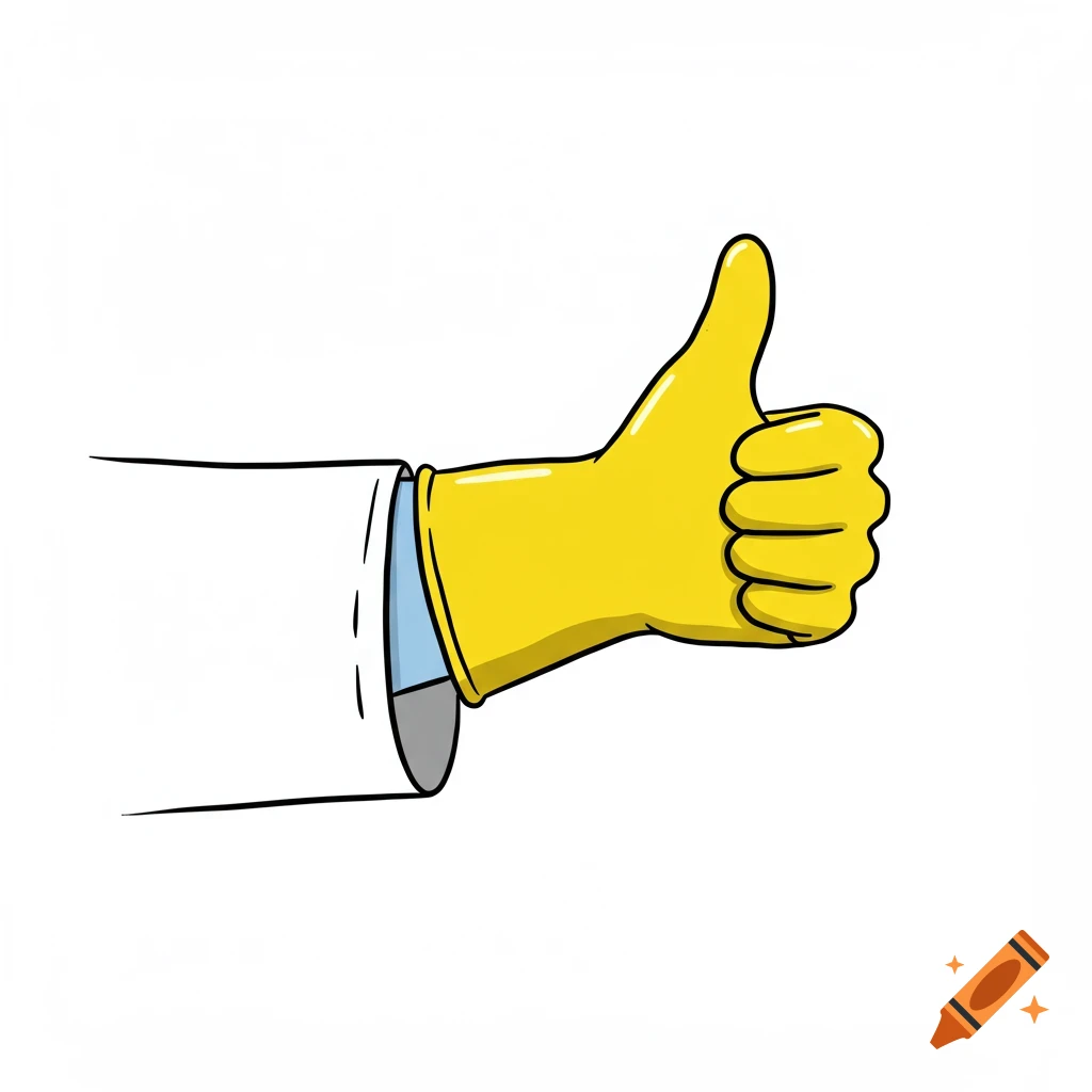 Clipart illustration of an arm in a lab coat sleeve and yellow rubber glove giving a thumbs up.