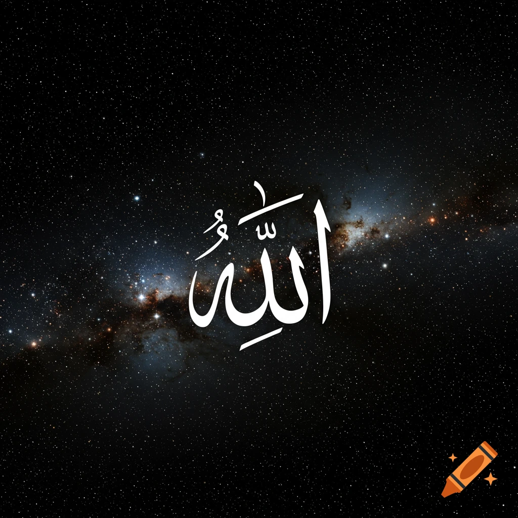 White Arabic calligraphy for Allah against a dark space background with stars and a nebula.
