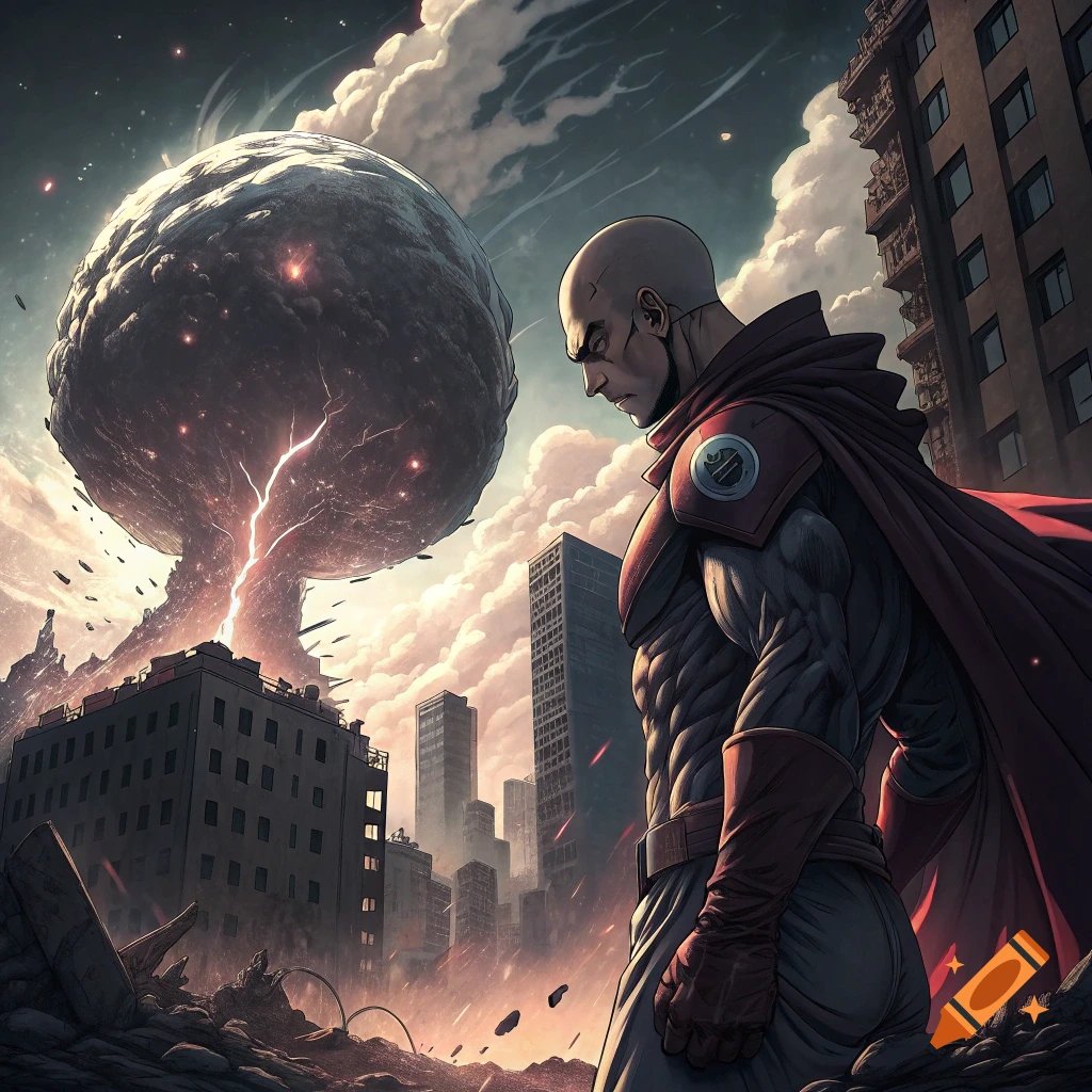 Bald superhero in red cape looks at destructive giant sphere above a city skyline, comic book style.