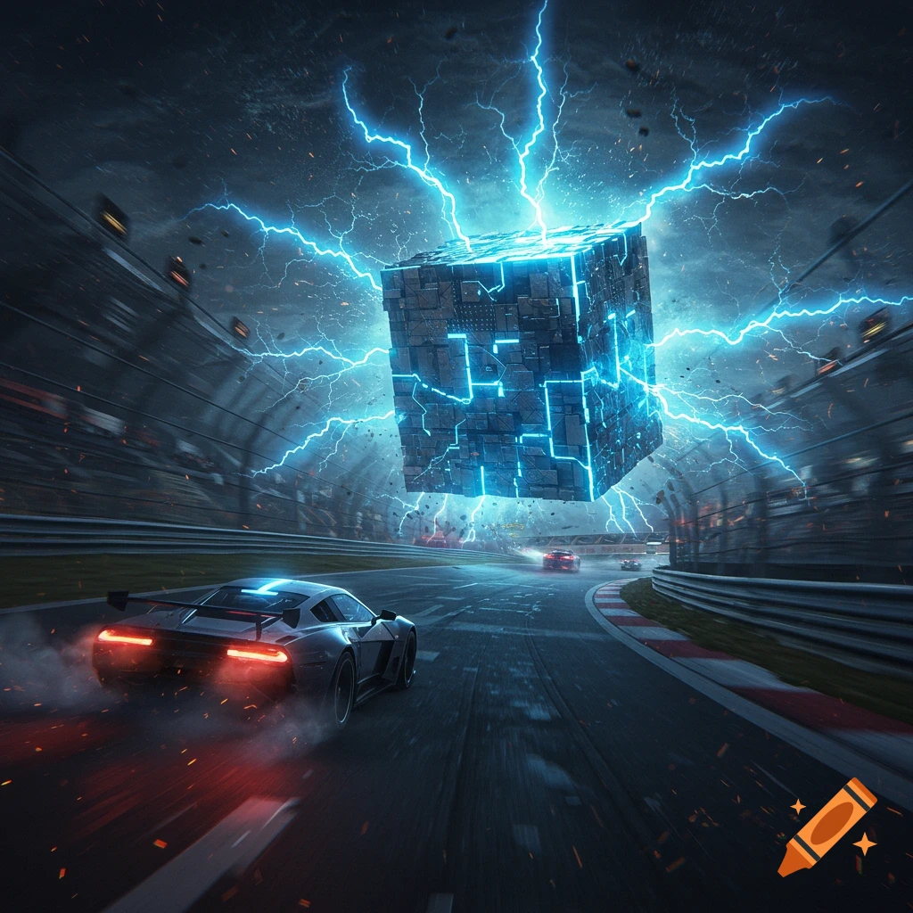 Race car on a track speeding toward a floating cube emitting blue lightning.
