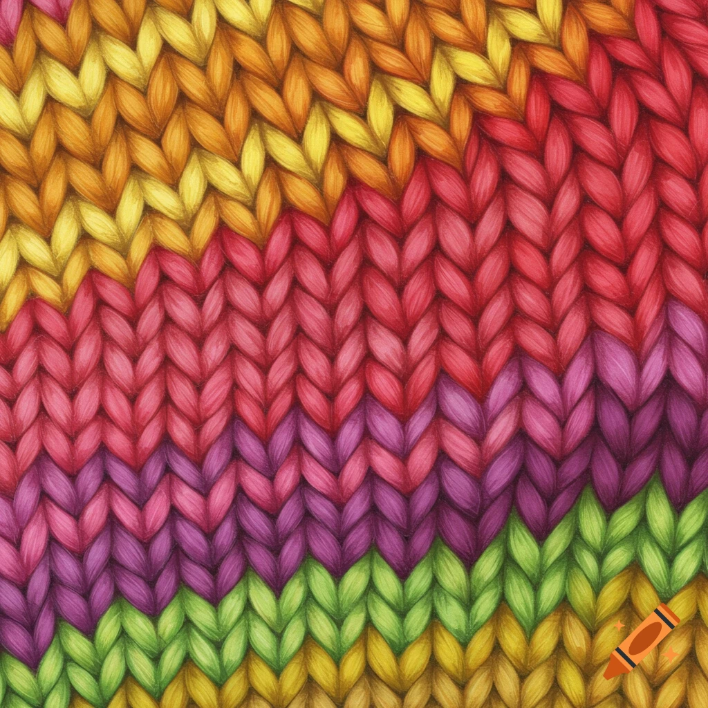 Close-up of a colorful knitted texture pattern with wavy stripes of yellow, orange, red, pink, purple, and green stitches.