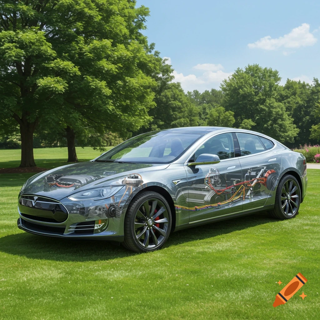 A transparent Tesla car is parked on grass in a park, revealing its internal components.