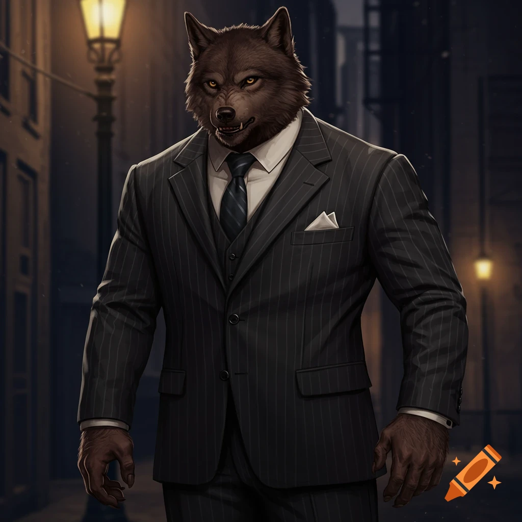 Anthromorphic wolf in a pinstripe suit stands on a dark street at night.