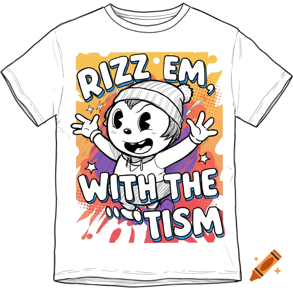 Cartoon t-shirt design with character and text 'RIZZ EM, WITH THE \'TISM'.