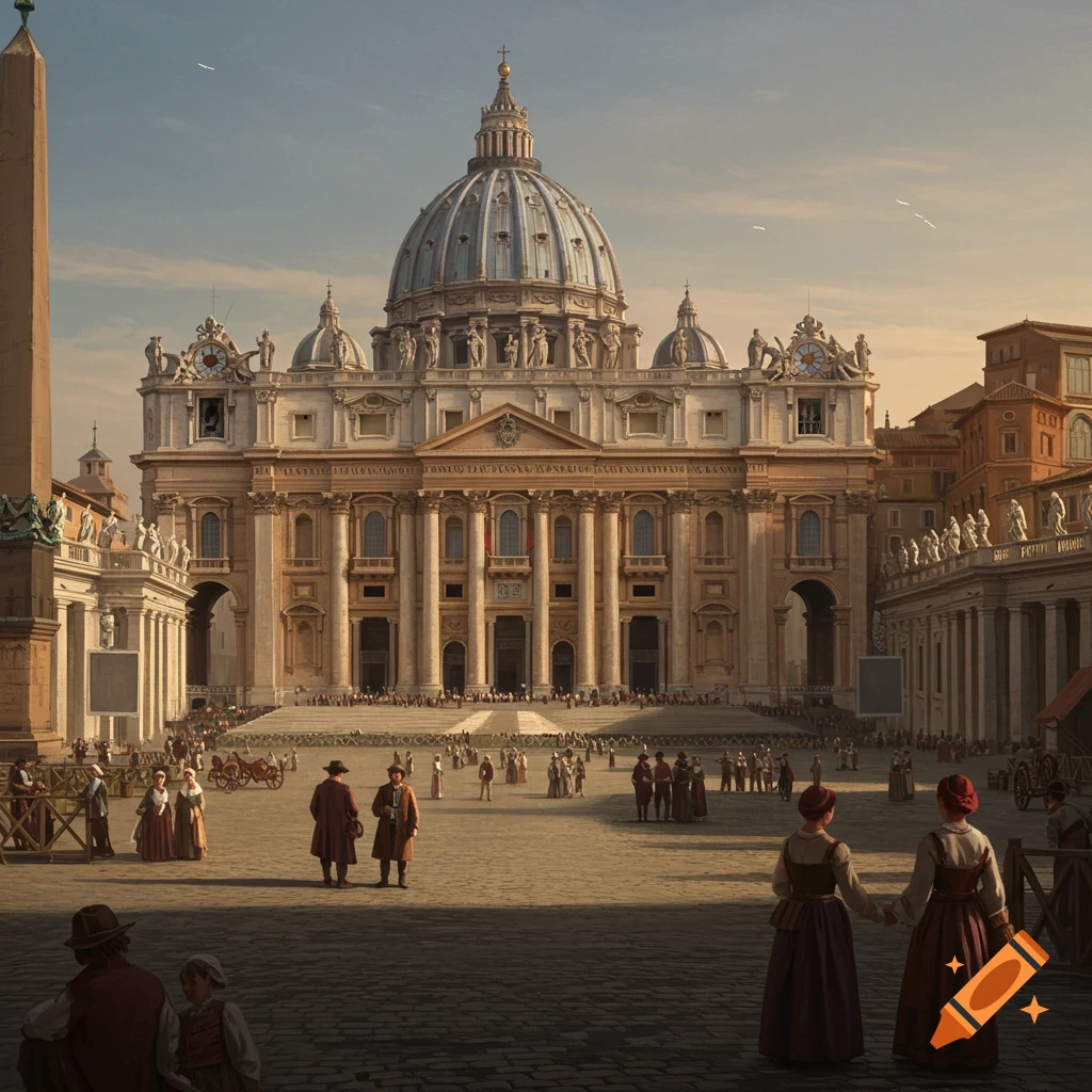 St. Peter's Basilica in Rome and St. Peter's Square filled with people in historical clothing.