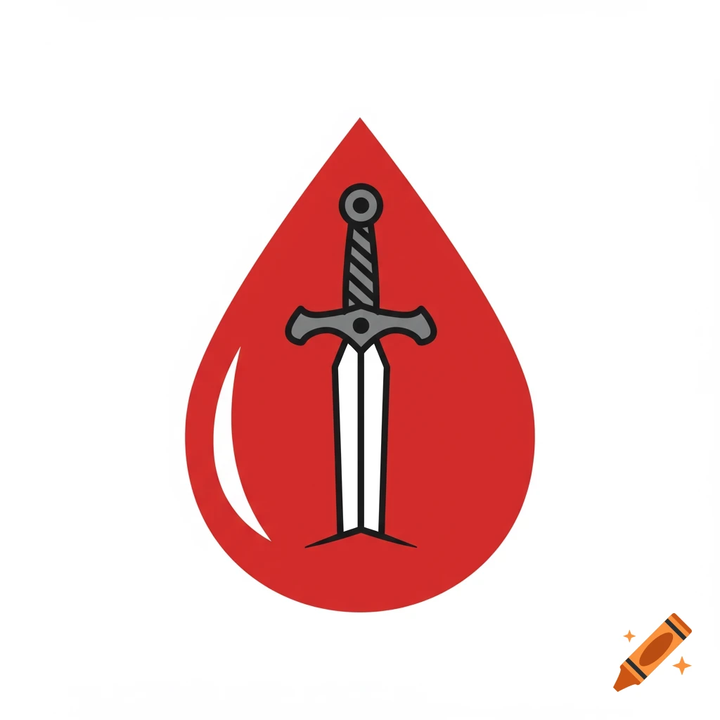 Stylized icon of a sword inside a red blood drop shape.