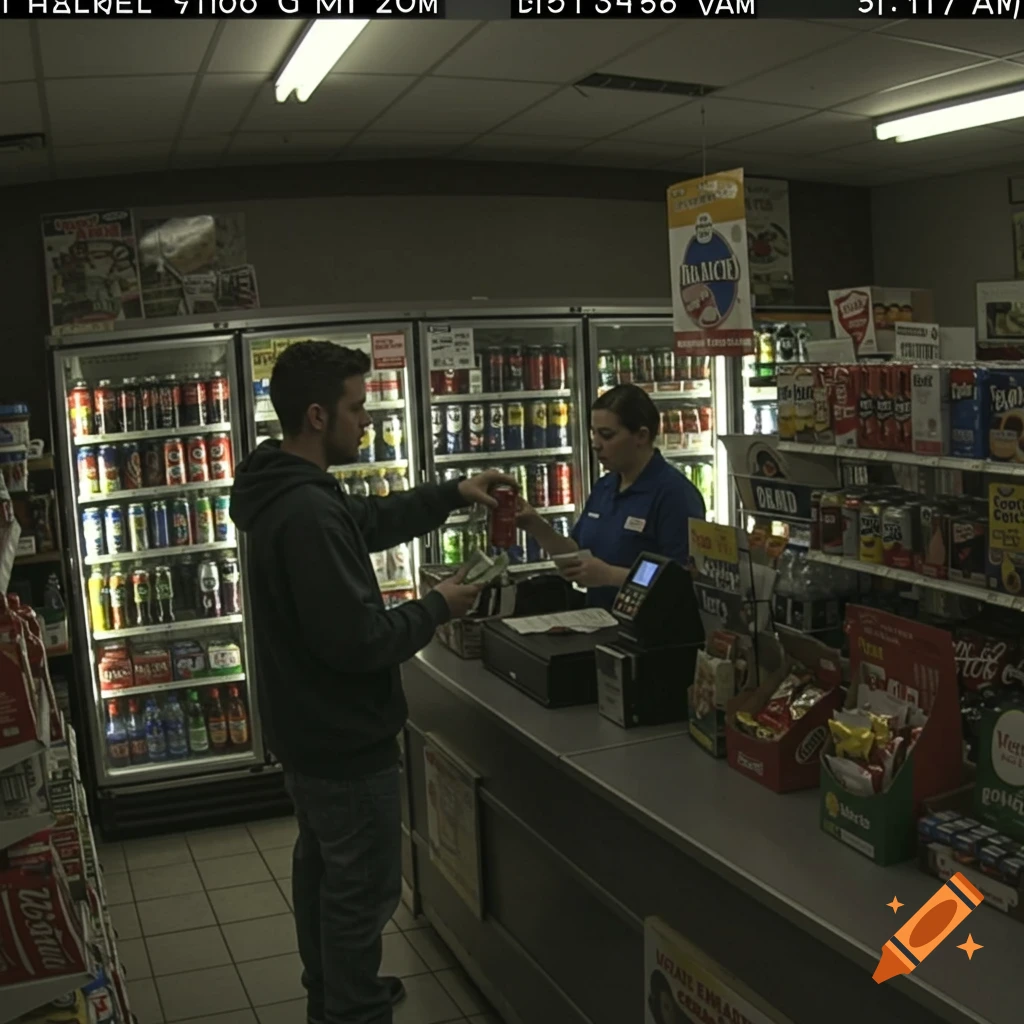 CCTV footage shows a man buying a soda from a cashier in a convenience store.